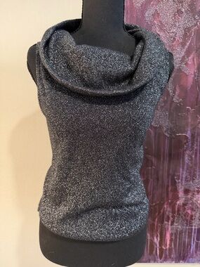 La Belle Metallic Silver-Black Cowl Neck Sleeveless Sweater